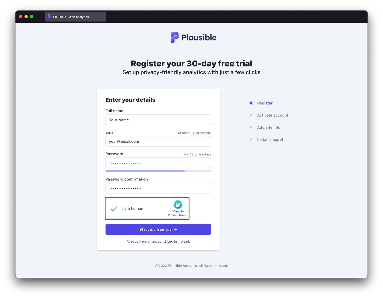 Register for an account with Plausible Analytics